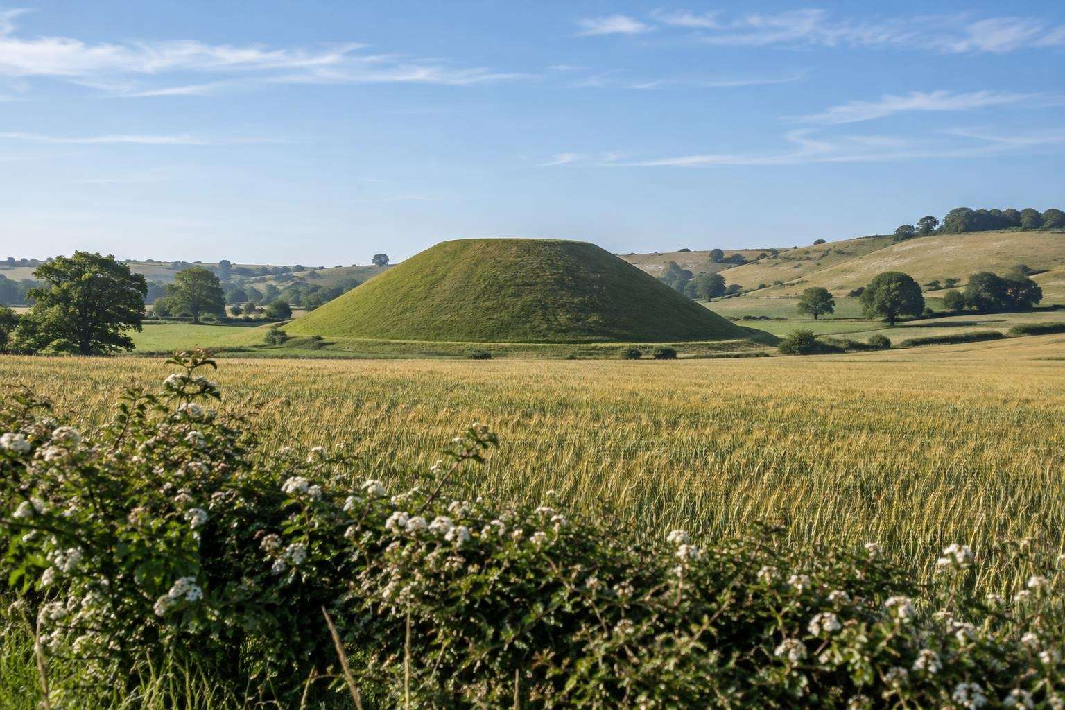 Silbury Hill, the prehistoric mound near Avebury in Wiltshire, seen across a wheat field and hedgerow.