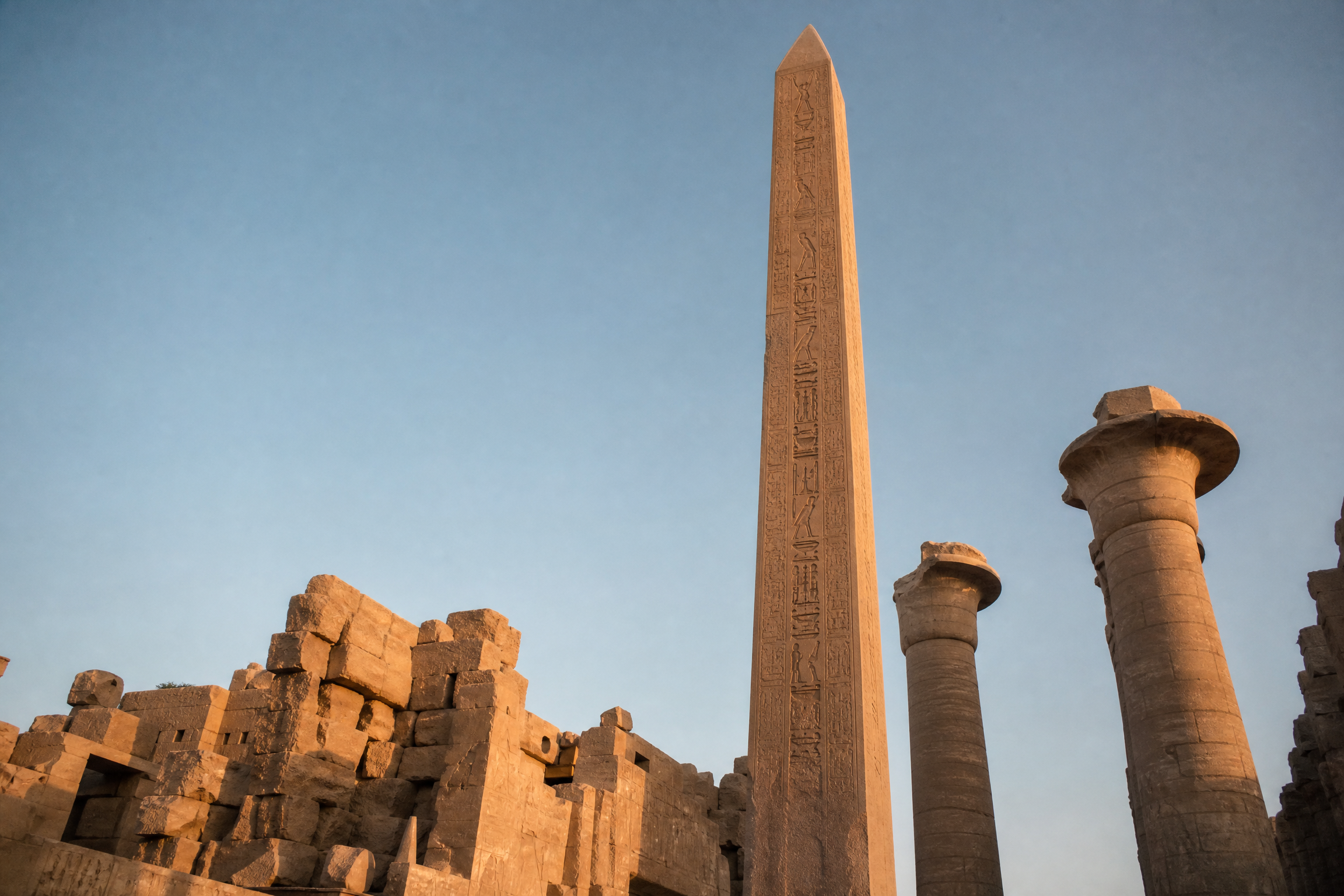A finished granite obelisk standing in the Karnak temple precinct, Luxor, Egypt