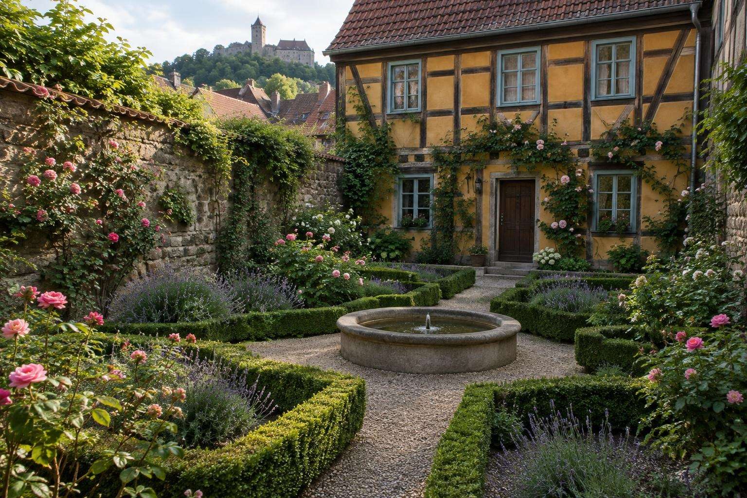 A small Baroque garden with clipped box hedges, gravel paths and a stone fountain behind a half-timbered house in Eisenach, Thuringia