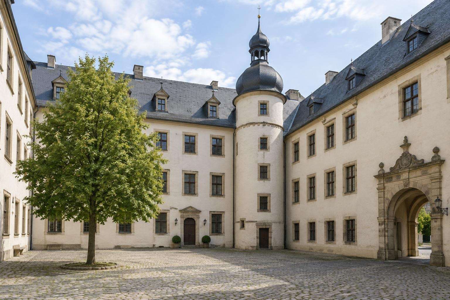 The courtyard of a small Renaissance and Baroque palace with pale rendered wings and a tower in Köthen, Saxony-Anhalt, Germany
