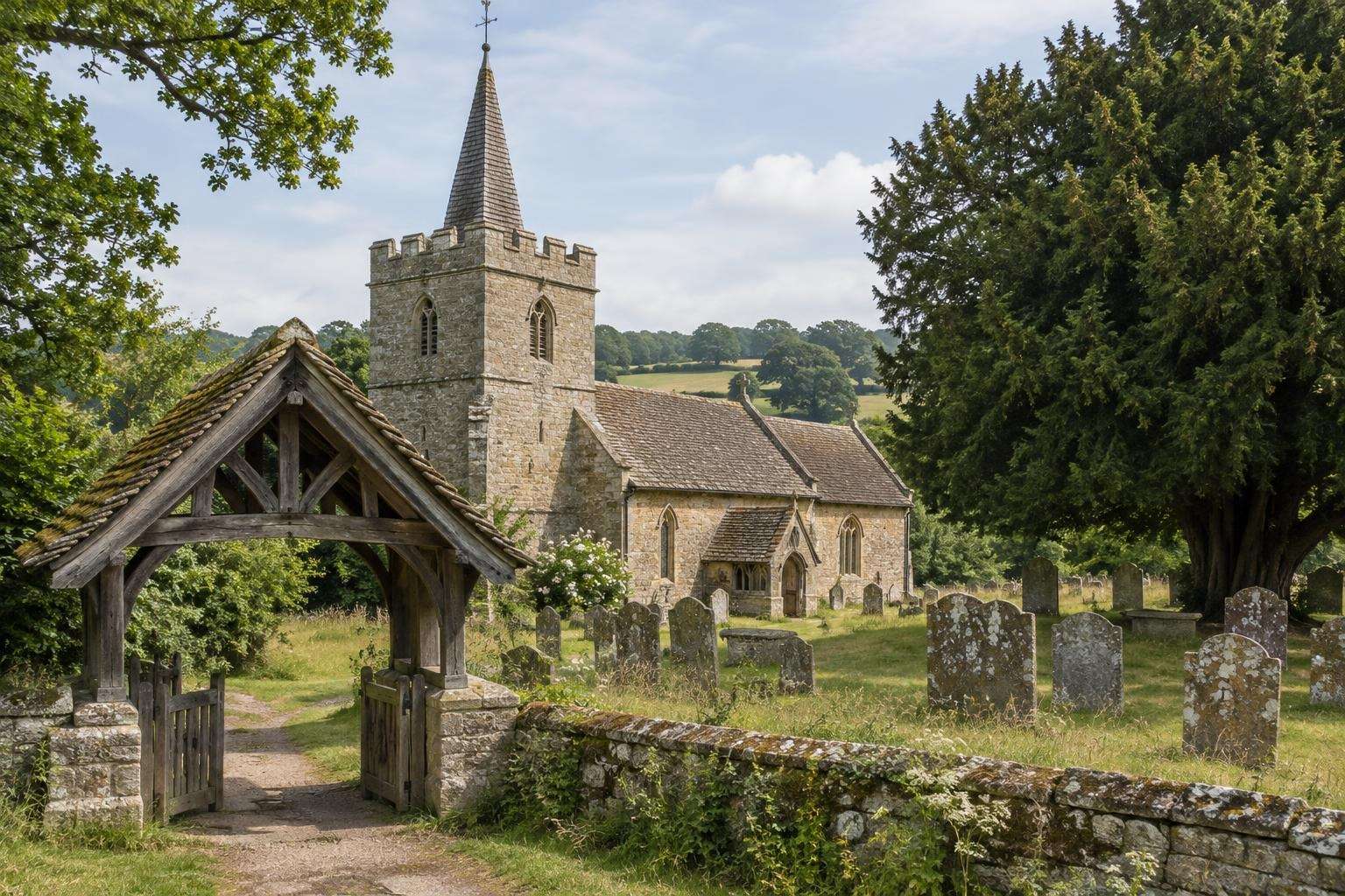 A small sandstone parish church with a shingled spire and lychgate in the Kent Weald.
