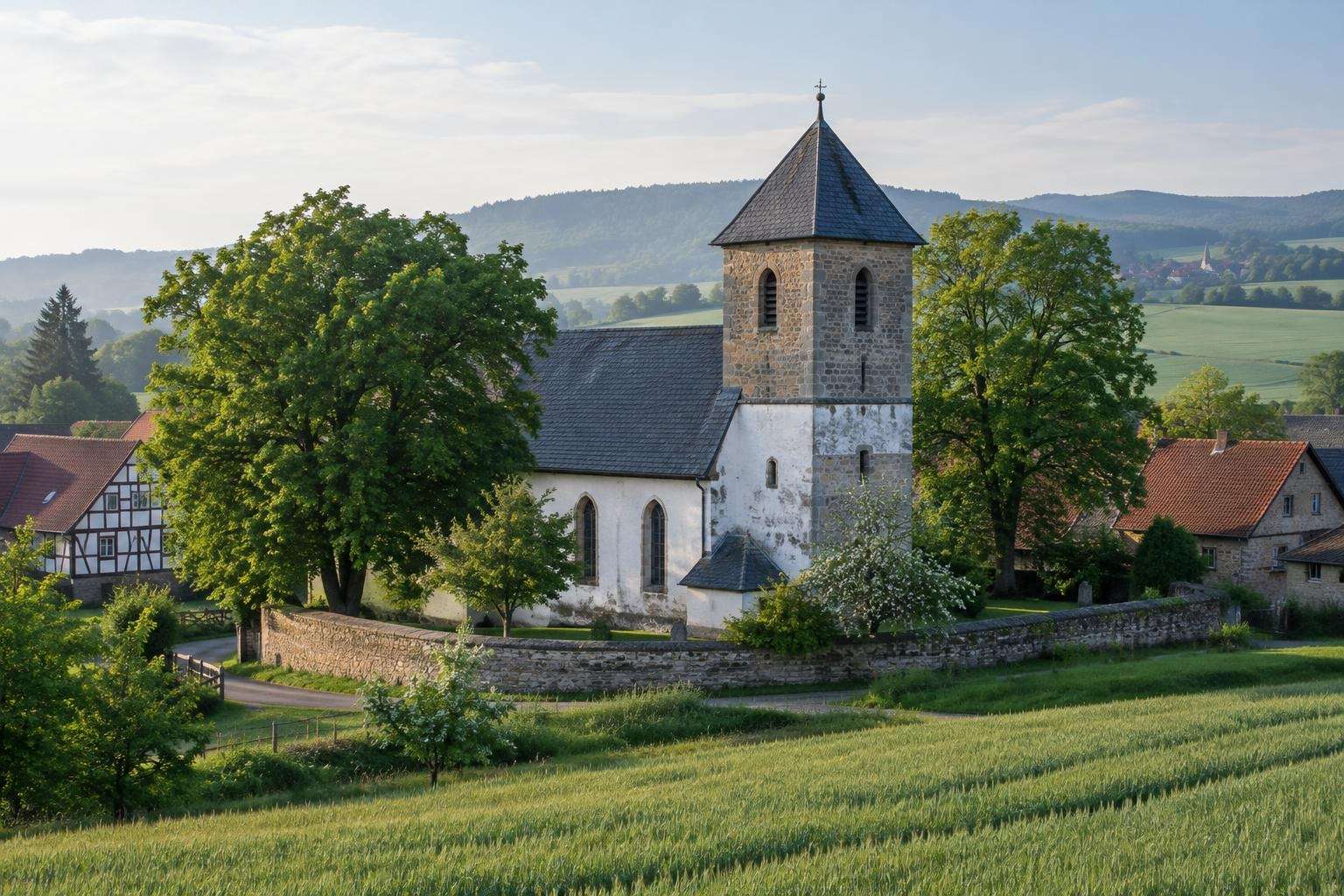 A small whitewashed village church with a slate-roofed tower among trees and farmland near Arnstadt in Thuringia, Germany