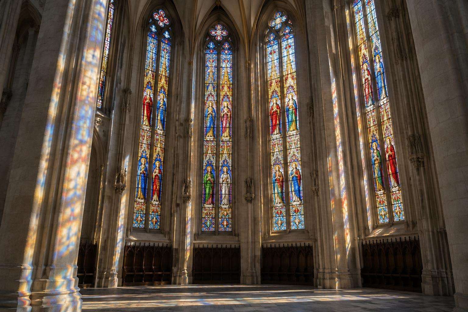 Tall stained-glass windows with richly coloured figures in the late-Gothic choir of a Lutheran church in Leipzig, lit by afternoon sun