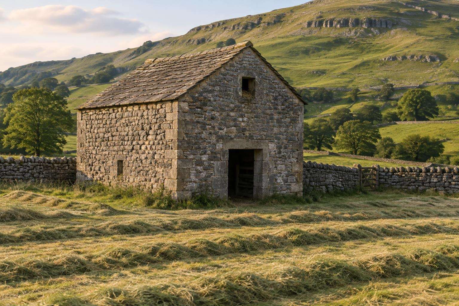 A small stone field barn with a stone-slate roof beside a dry-stone wall in a newly cut hay meadow in the Yorkshire Dales.