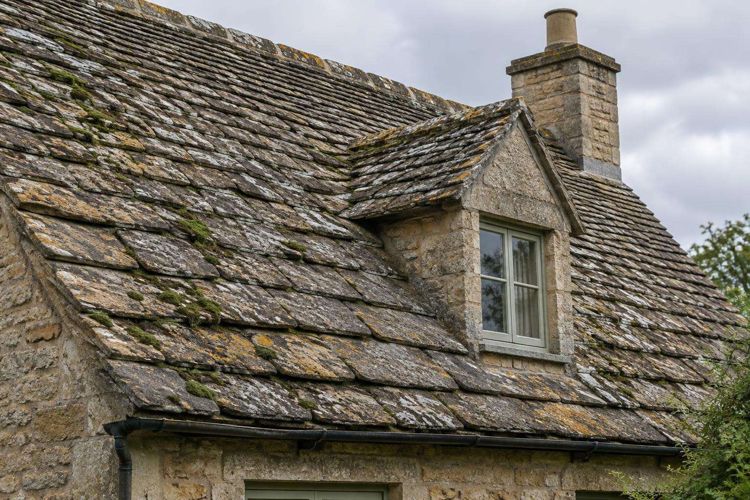 A steep Cotswold stone-slate roof with slates diminishing in size from eaves to ridge.