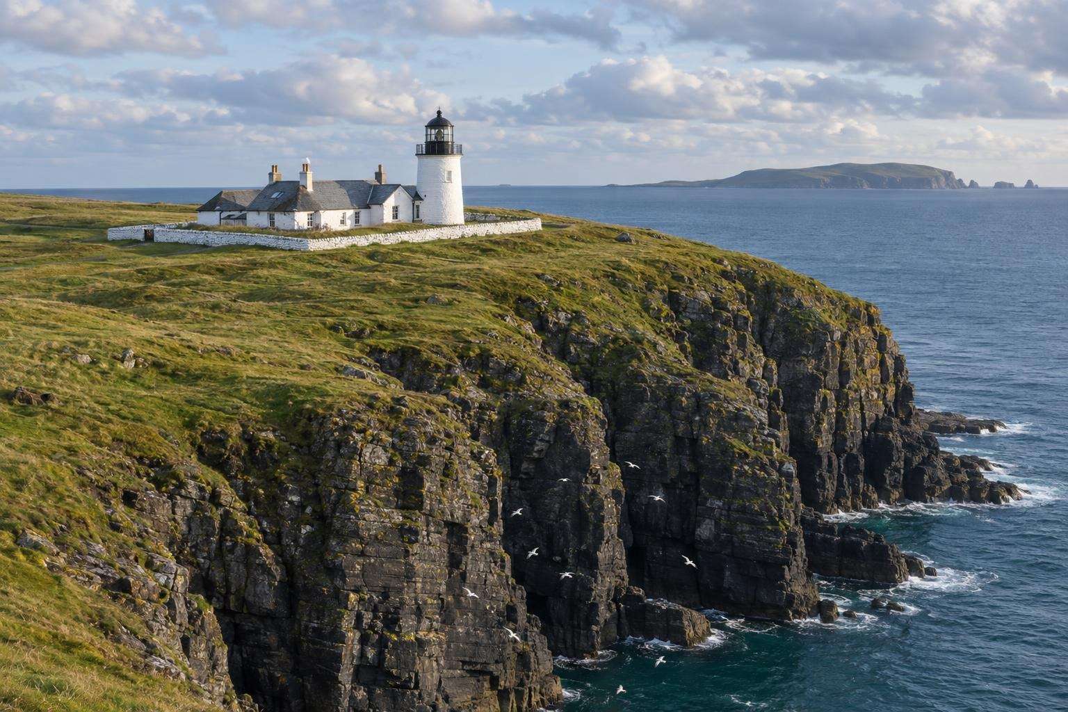 Sumburgh Head lighthouse and keepers' cottages on the sea cliffs at the southern tip of Shetland