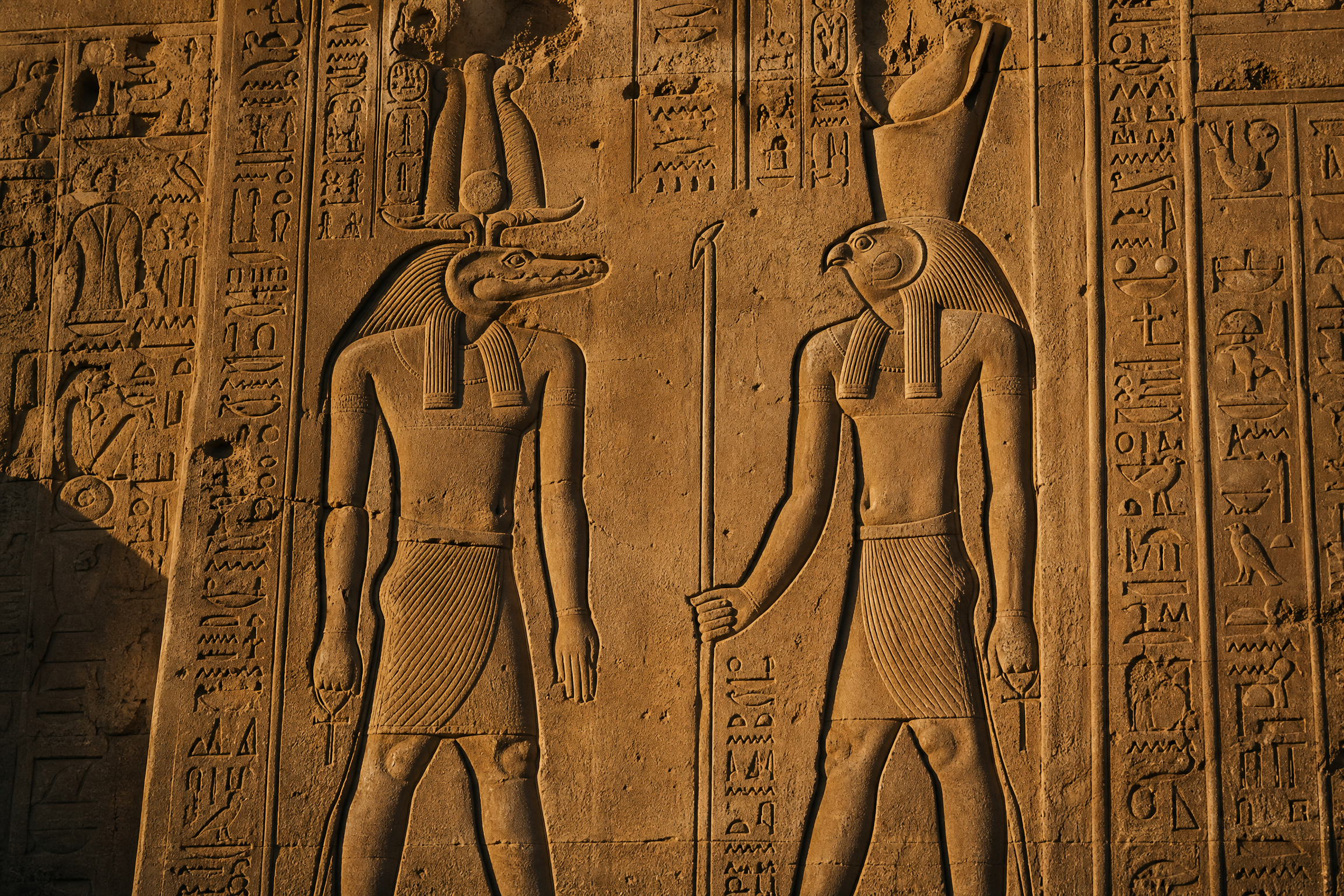 Carved relief of Sobek and Horus the Elder on the walls of Kom Ombo Temple