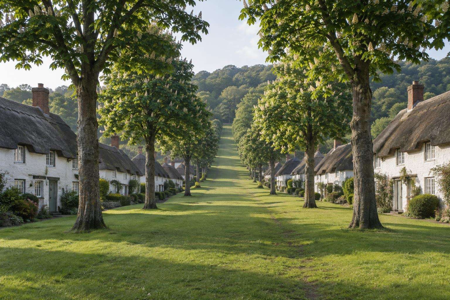 Identical whitewashed thatched cottages lining the wide street of a planned eighteenth-century village in Dorset.