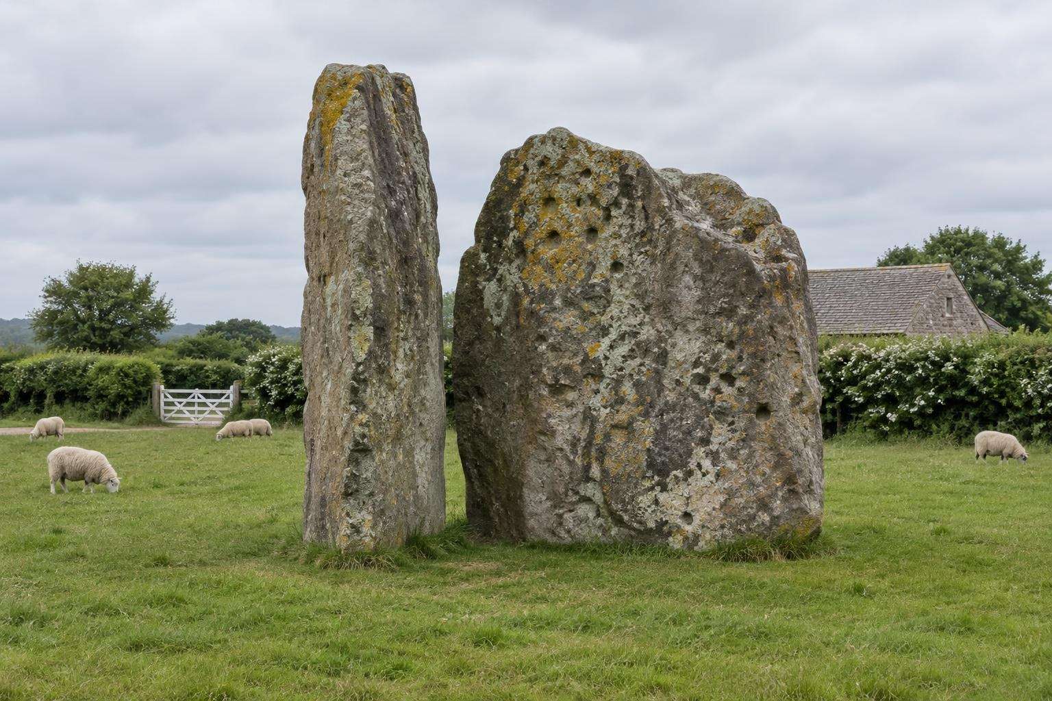 Two massive sarsen stones of the Cove at the centre of Avebury's northern inner circle in Wiltshire.
