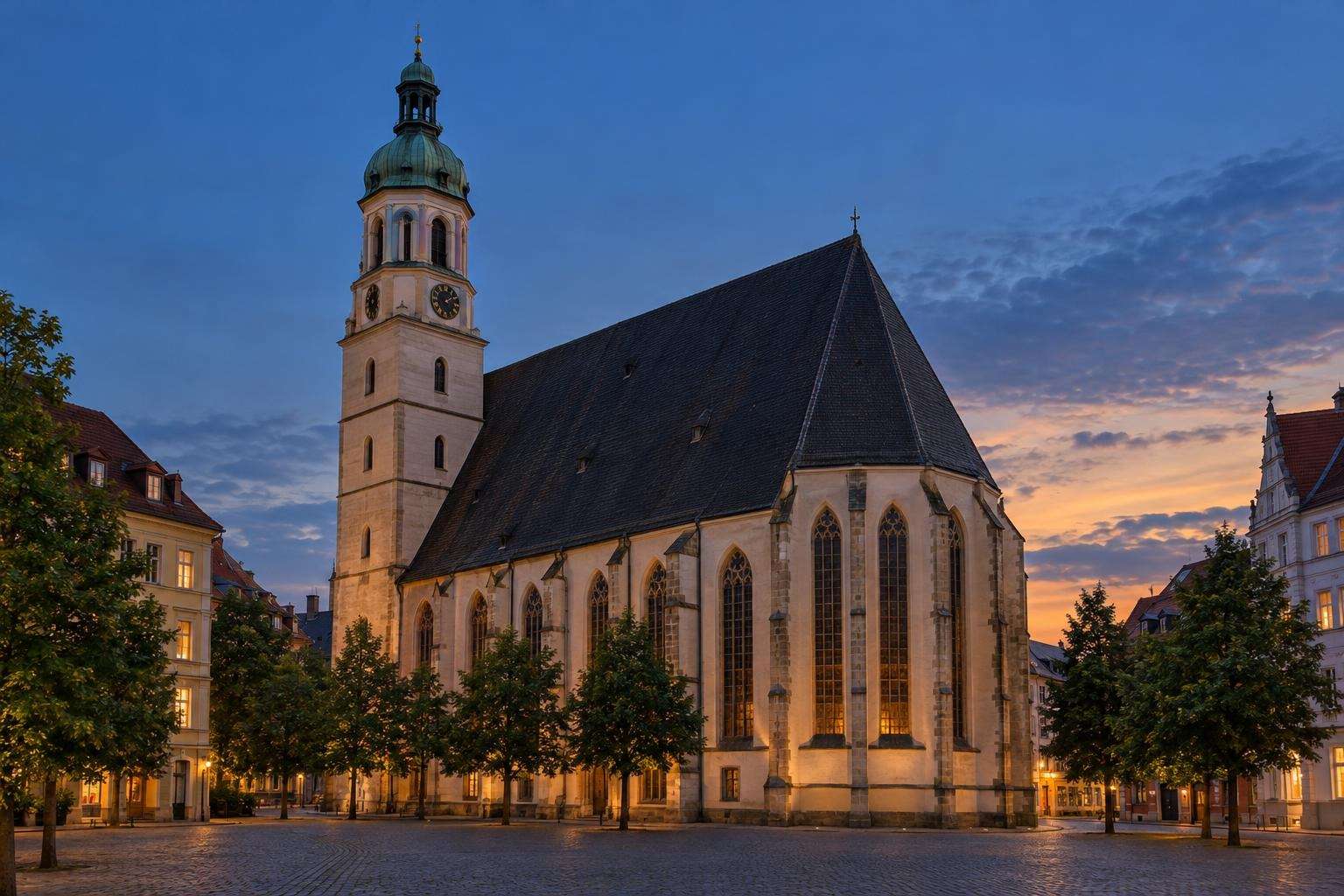 A late-Gothic church with an exceptionally steep roof and a slender Baroque tower beside a quiet square in Leipzig at dusk