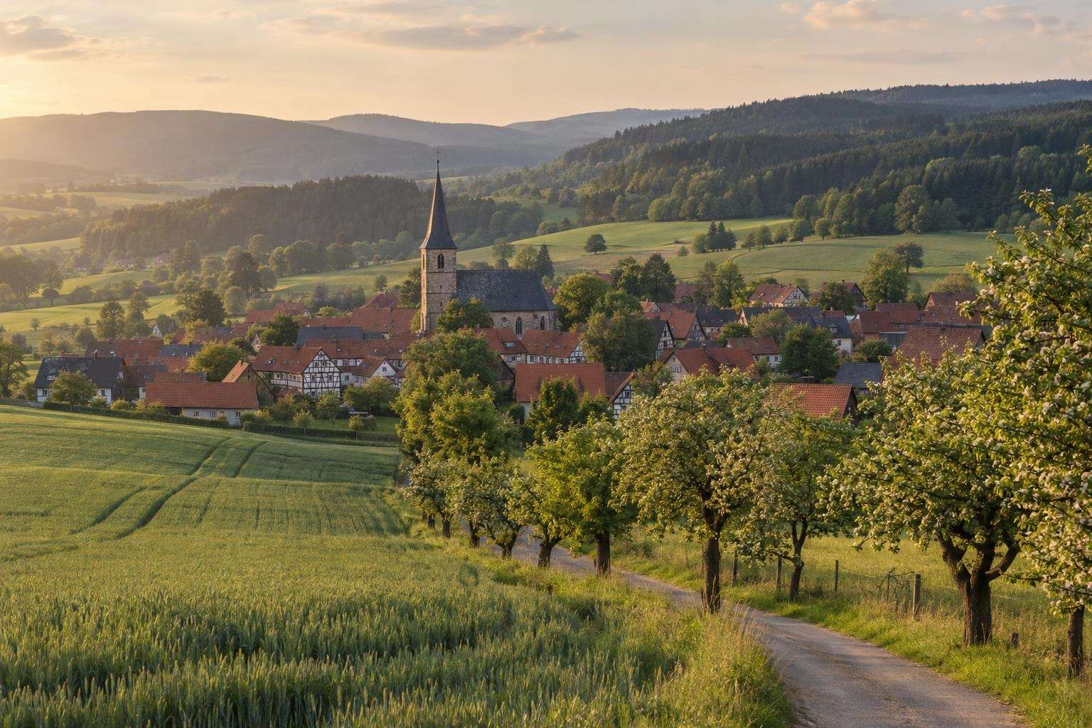 Rolling farmland and a village church spire in Thuringia, central Germany, in golden early-summer light
