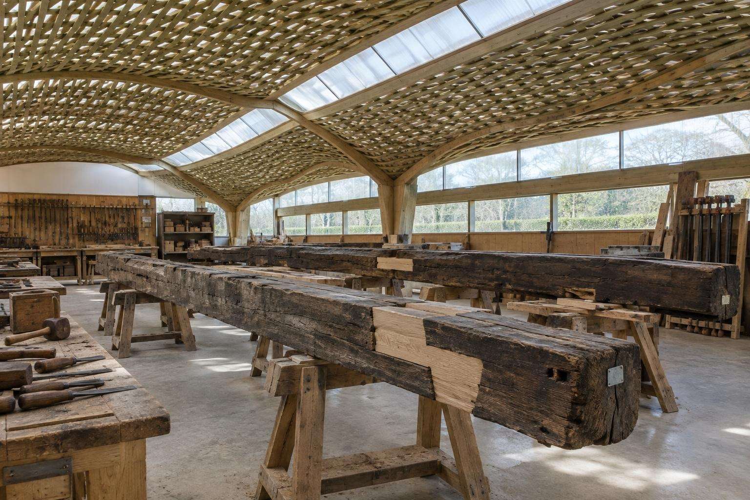 Old oak timbers from a dismantled building on trestles beneath the curved green-oak lattice roof of a conservation workshop in West Sussex.