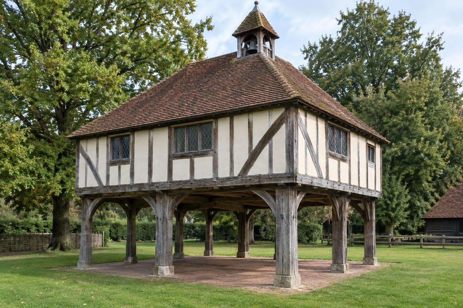 A timber-framed market hall raised on open oak posts, of the type re-erected at the Weald and Downland museum in West Sussex.
