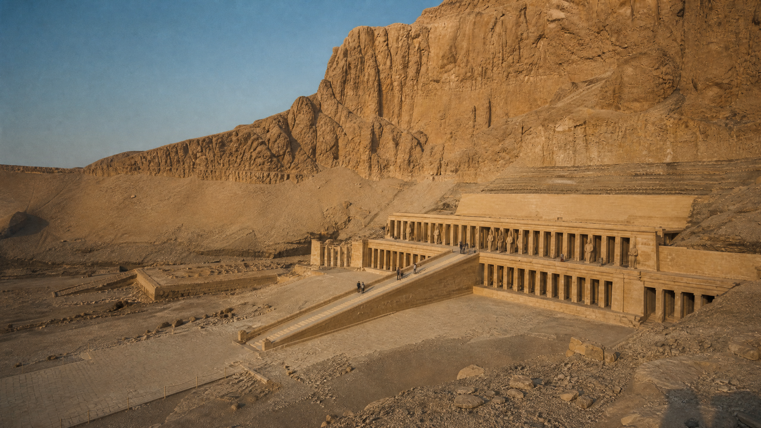Elevated oblique view of the Temple of Hatshepsut's terraces and central ramp at Deir el-Bahari