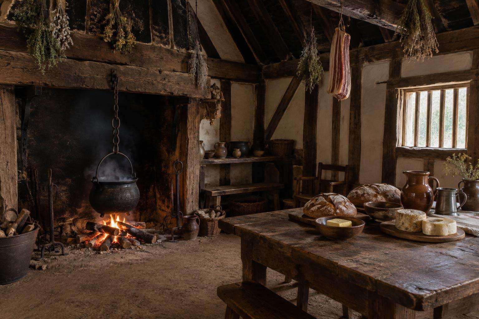 Bread, cheeses and a cauldron over a hearth fire in a Tudor kitchen, of the kind interpreted at the Weald and Downland museum in West Sussex.