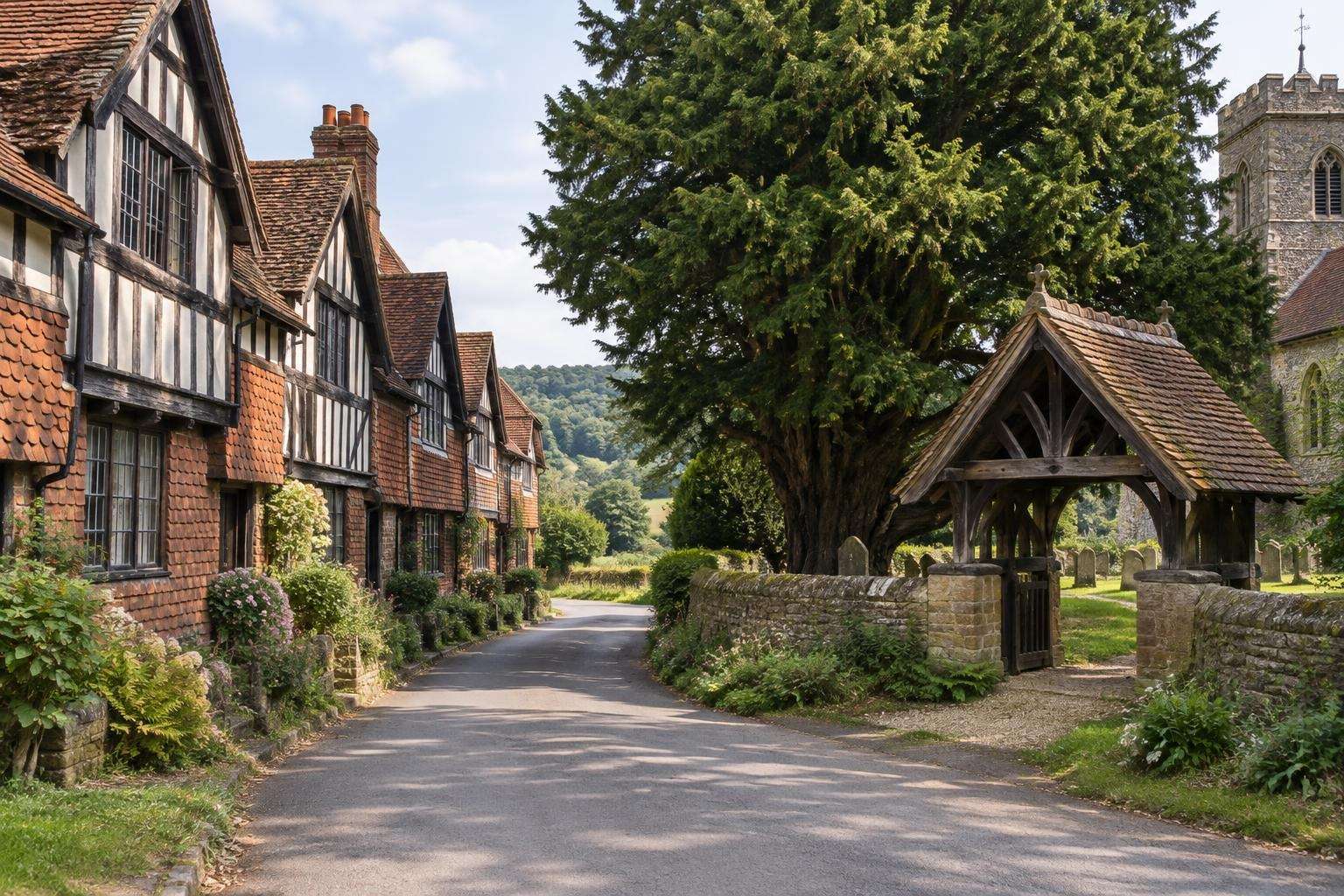 A row of Tudor half-timbered and tile-hung houses on a single village street in the Kent Weald.