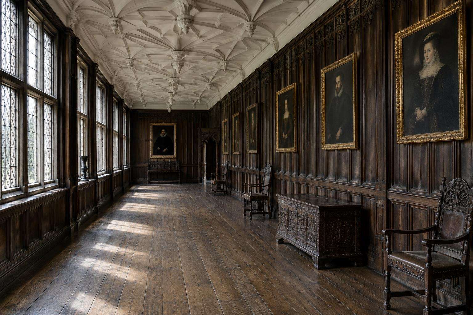 A long oak-panelled gallery with Tudor portraits and a moulded plaster ceiling in a Kent castle.