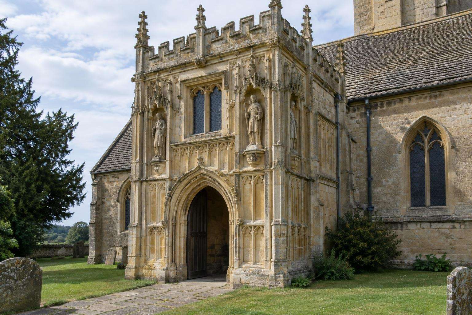 An ornate two-storey Perpendicular church porch with canopied niches and pinnacles on a Cotswold wool church.