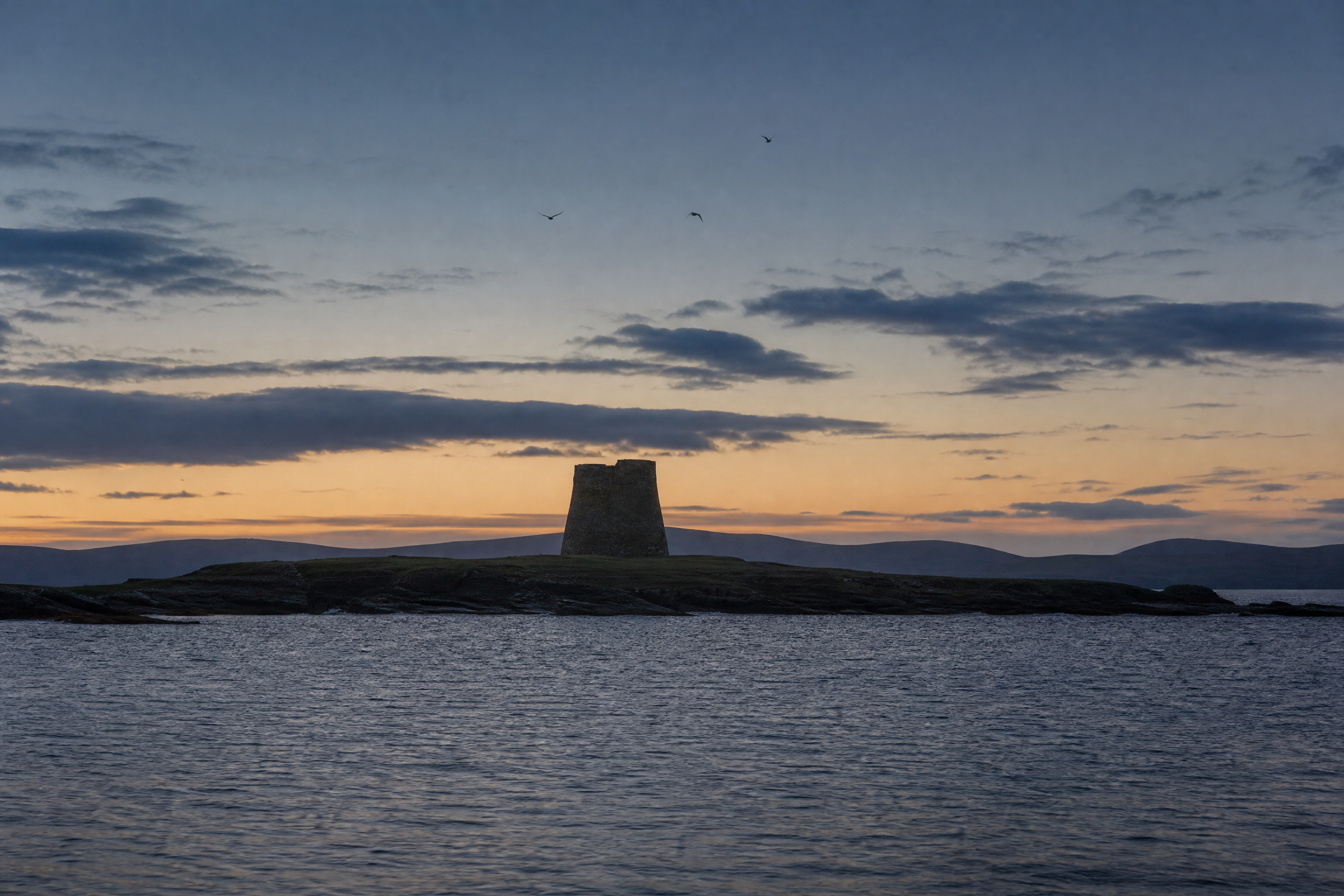 Mousa Broch, Shetland, silhouetted at blue hour dusk