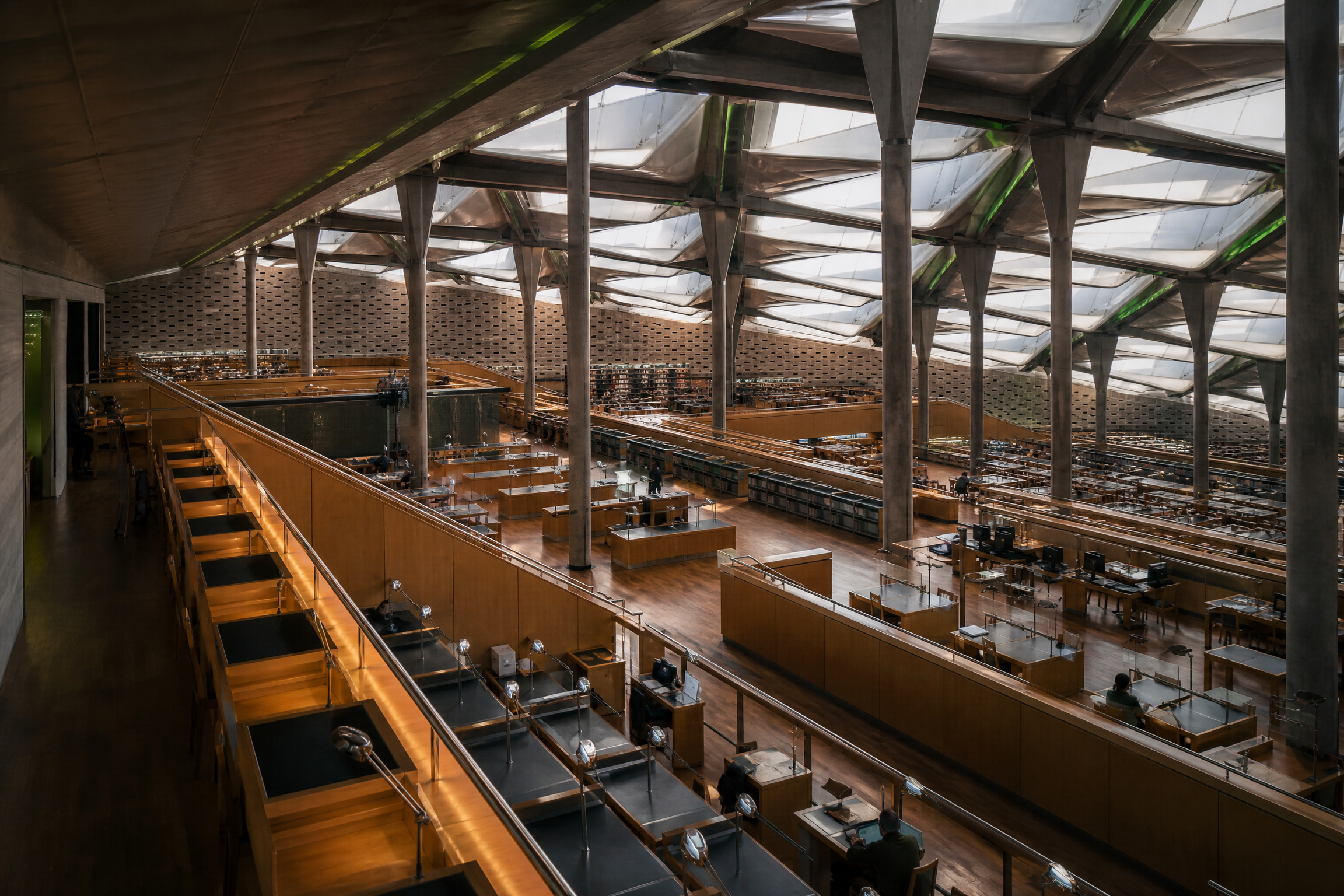 The stepped interior reading room of the Bibliotheca Alexandrina beneath its glass roof