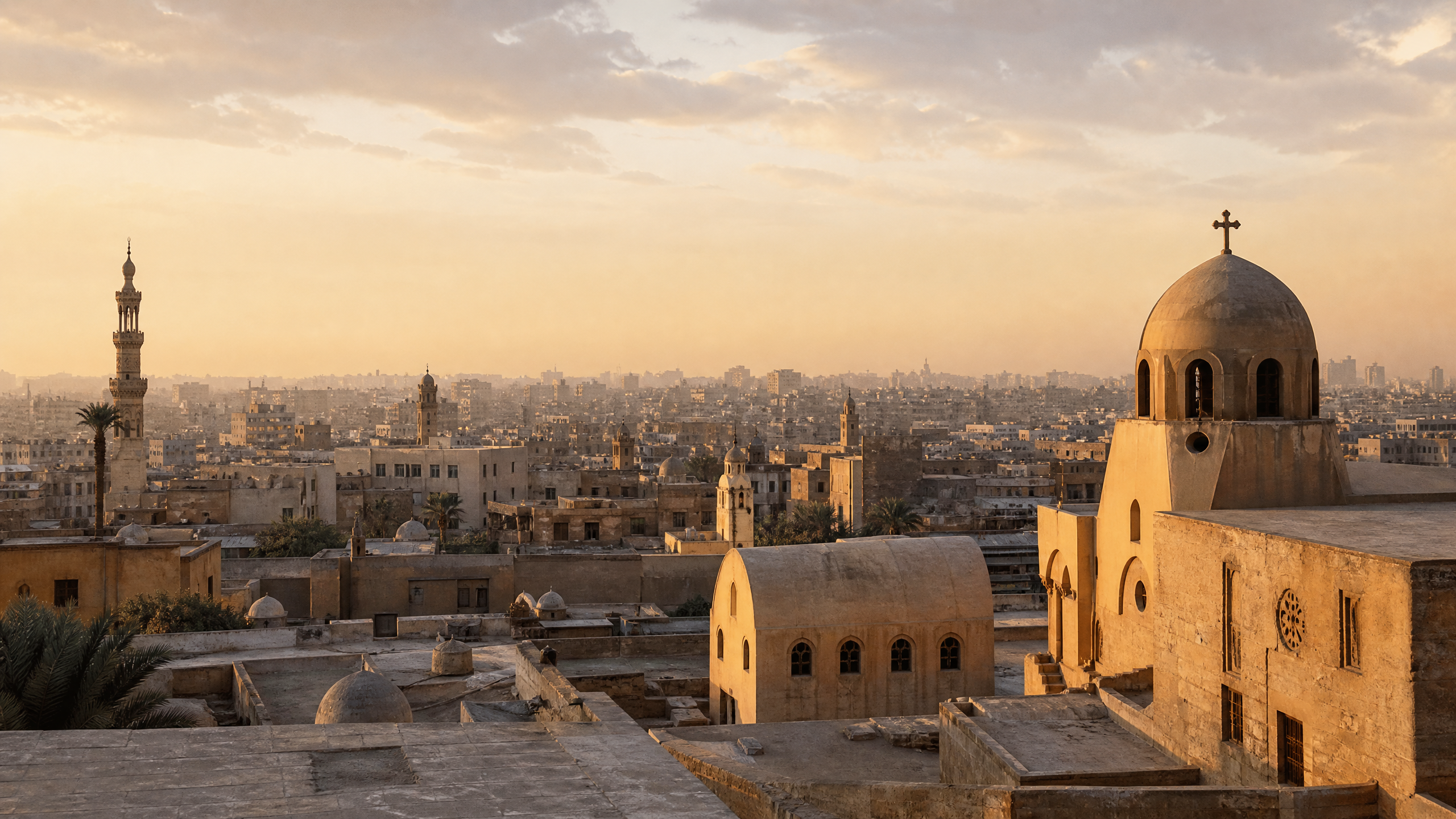 Layered skyline of Old Cairo, Egypt, showing Coptic church domes alongside an Ottoman-era minaret