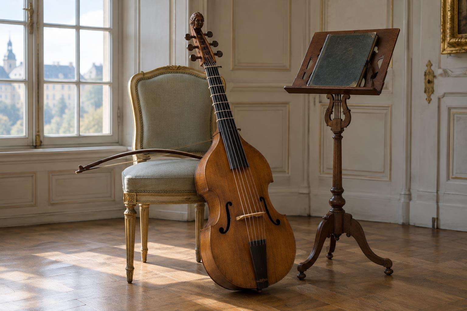 A Baroque bowed string instrument with a carved head resting against a chair beside a music stand in a palace room in Köthen