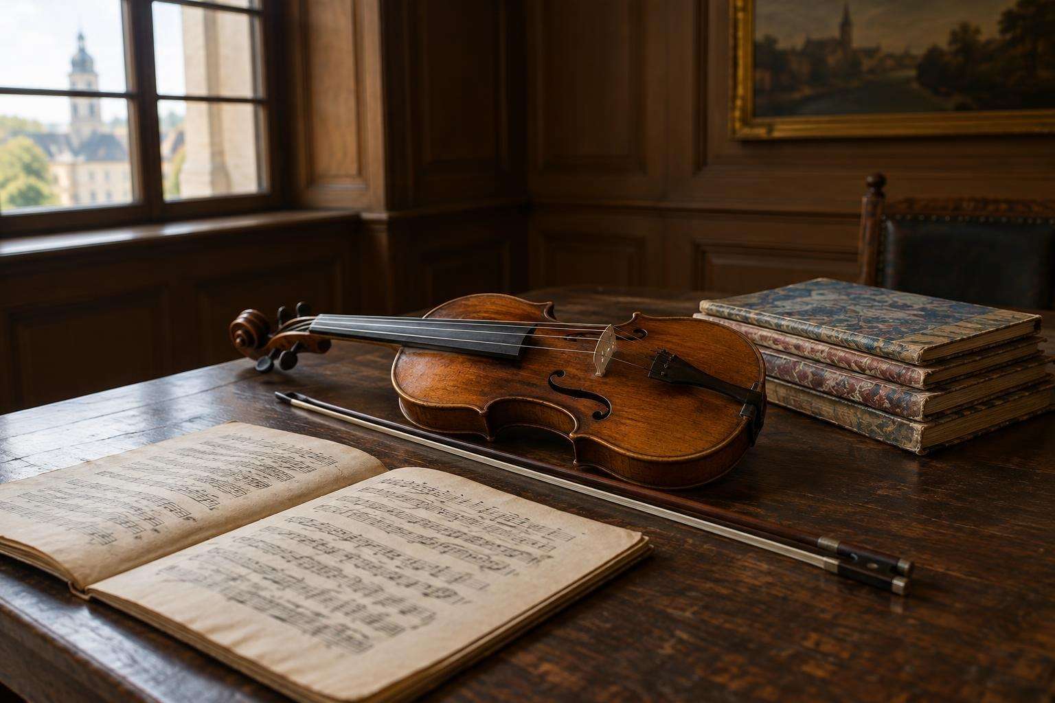 A Baroque violin and bow resting beside a stack of old printed music partbooks with plain marbled covers on a wooden table in Weimar