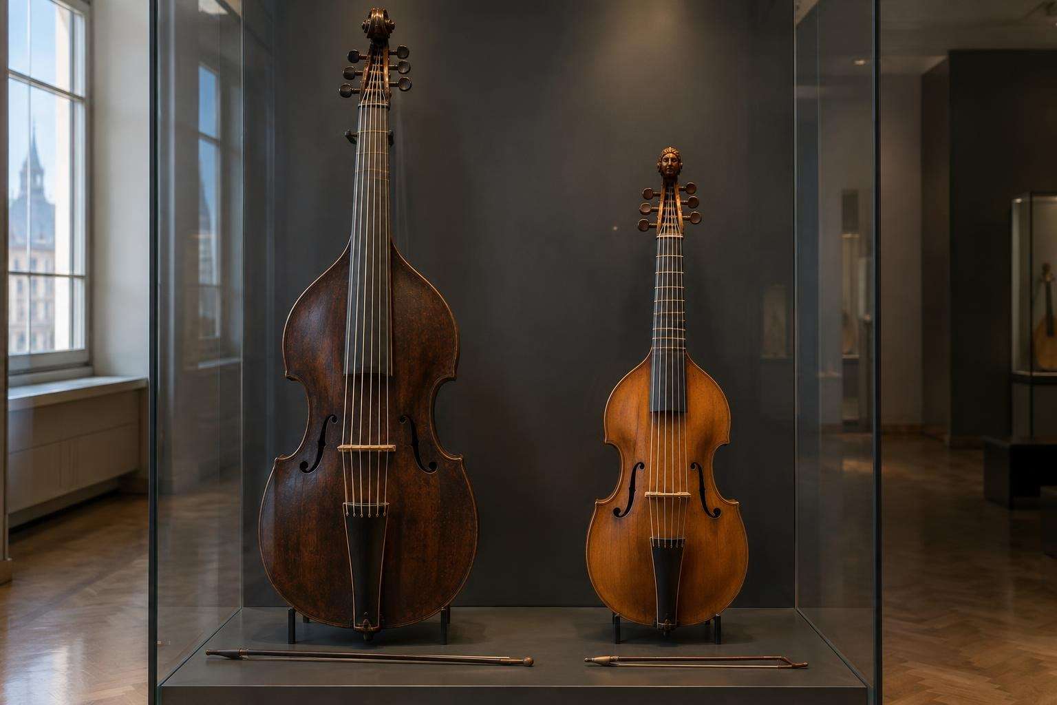 A Baroque violone and a viola da gamba in a softly lit glass display case in a music museum in Leipzig