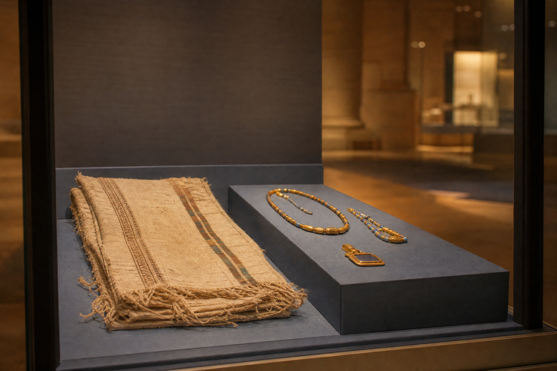 Textile and jewellery display case at the National Museum of Egyptian Civilization