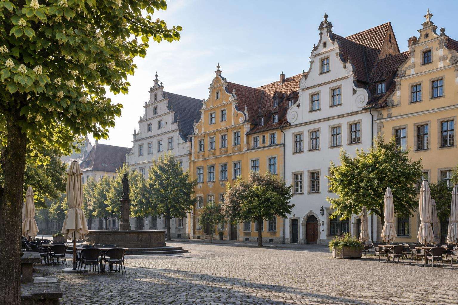 A historic market square in Weimar, Thuringia, with Renaissance gabled houses and cobbled paving in soft morning light