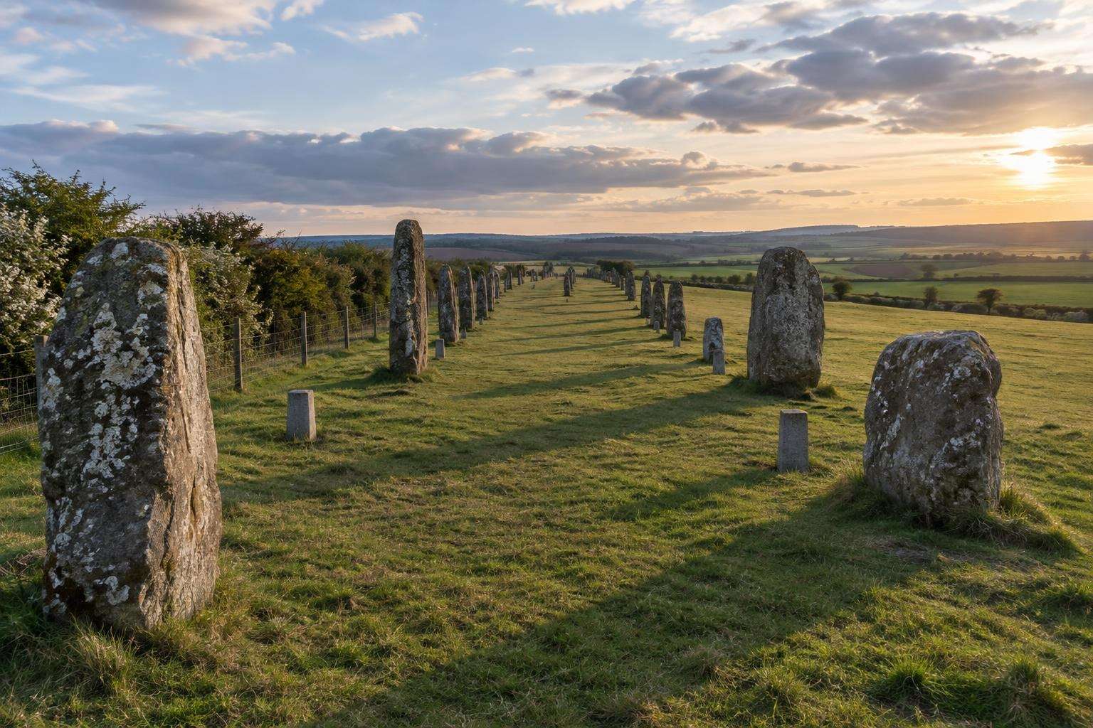 The double row of sarsen stones and concrete markers of the West Kennet Avenue near Avebury, Wiltshire.