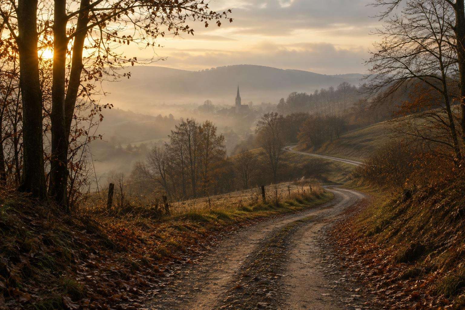 An old country road winding through misty autumn hills and woodland in central Germany, with a distant church spire