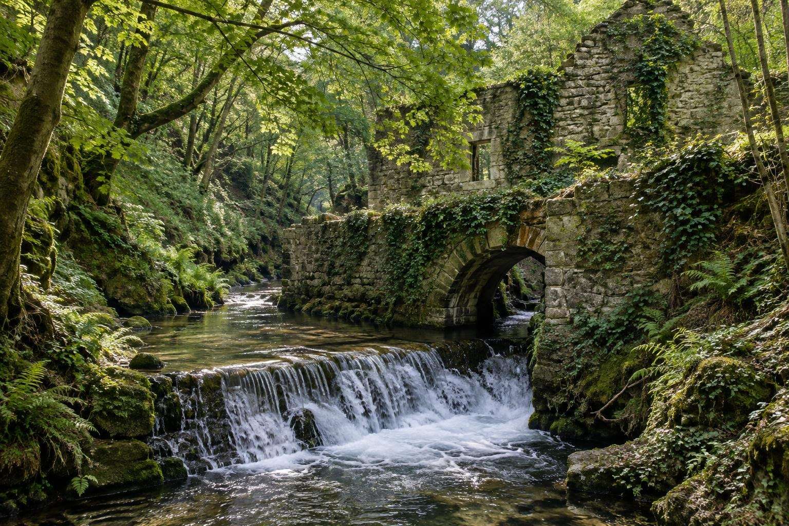 A brook running over a weir beside the ruined walls of an old stone mill in a wooded Wiltshire valley.