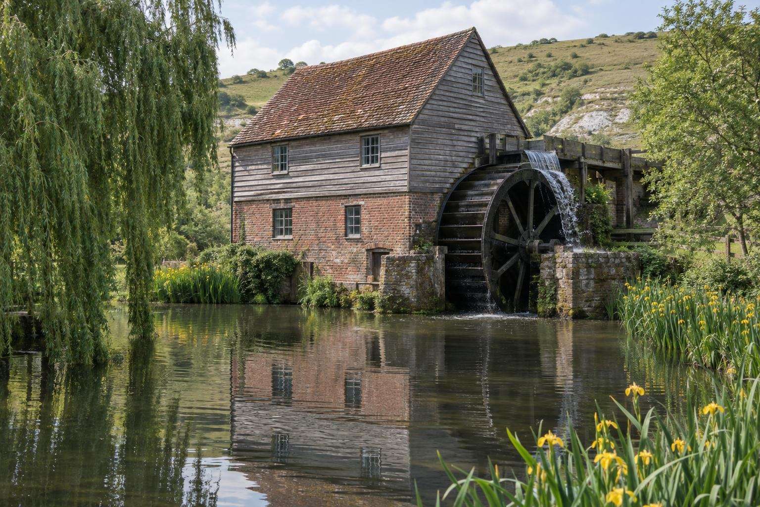 A working seventeenth-century watermill with an overshot wheel beside its millpond, of the kind preserved at the Weald and Downland museum in West Sussex.