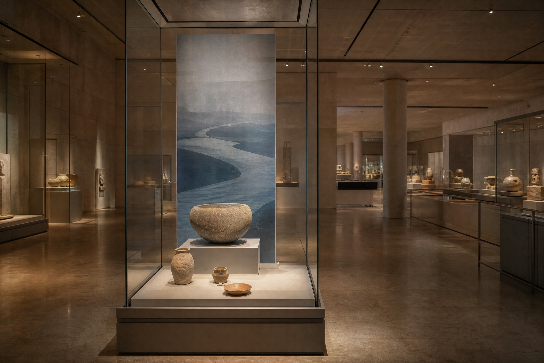 Nile-themed chronological gallery with pottery display near the Royal Mummies Gallery at the National Museum of Egyptian Civilization